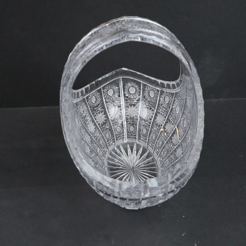 VTG Crystal Oval Basket Clear Glass Dish Bowl Handle Queens Lace Design